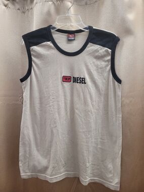 Vintage Diesel White Tank with Black Trim and Red Logo